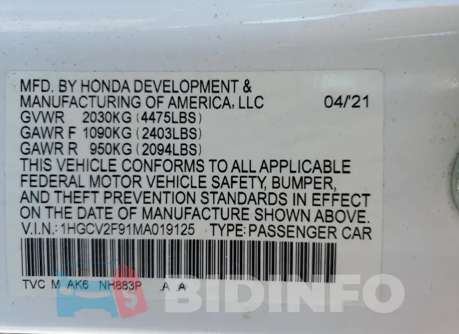 1HGCV2F91MA019125 Photo# 12
