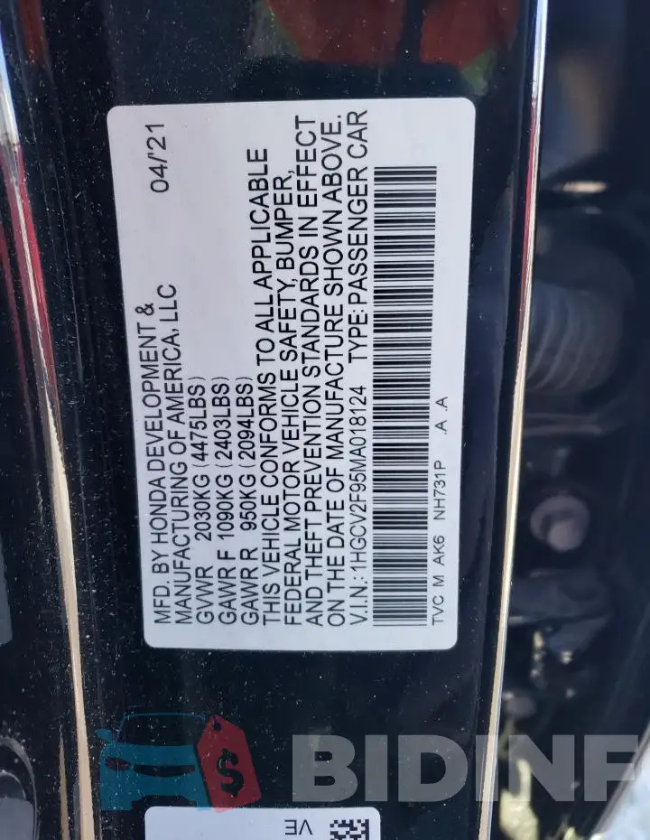 1HGCV2F95MA018124 Photo# 12