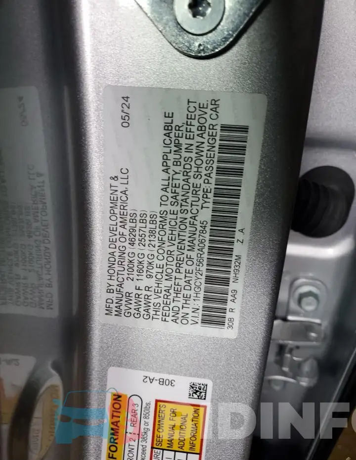 1HGCY2F56RA067845 Photo# 12
