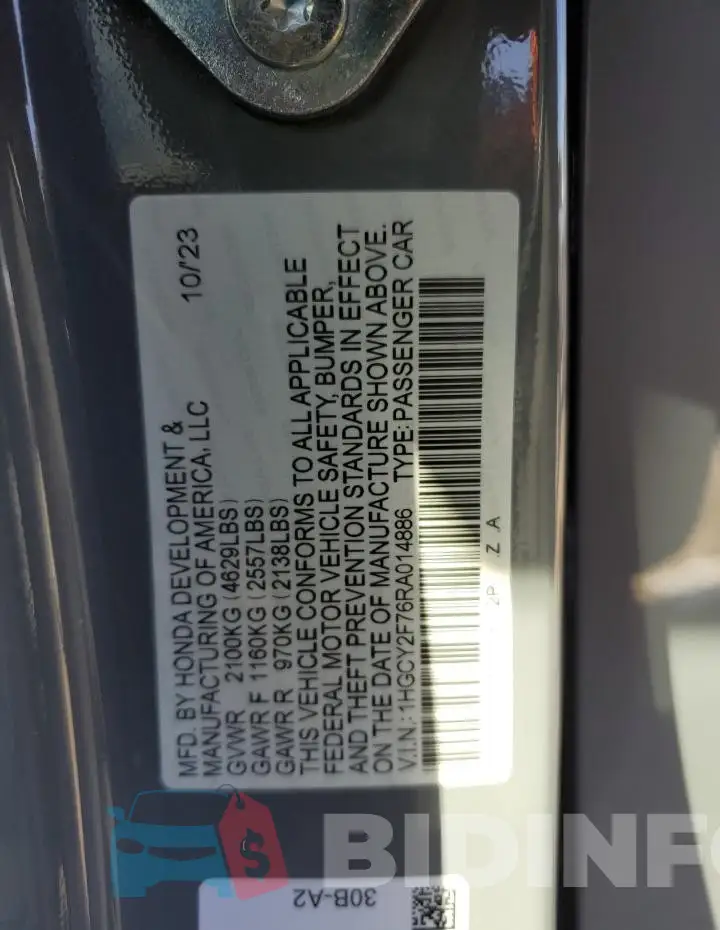 1HGCY2F76RA014886 Photo# 12