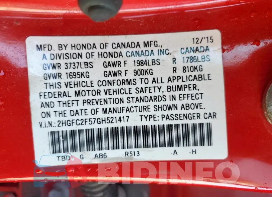 2HGFC2F57GH521417 Photo# 13