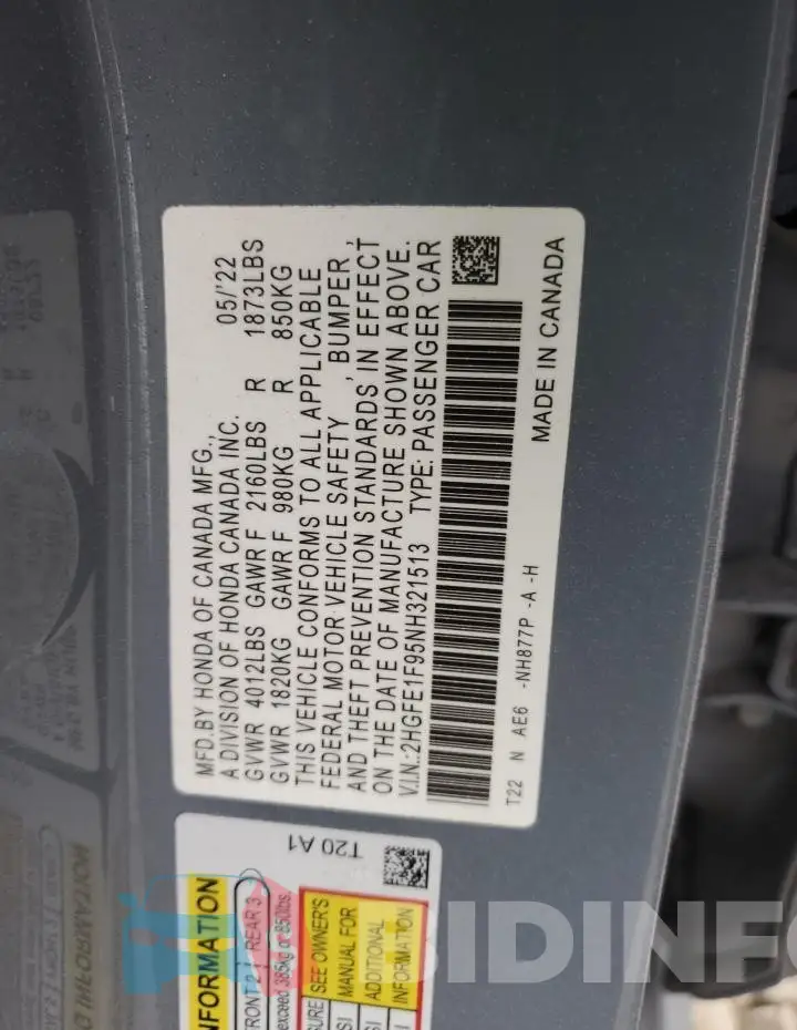 2HGFE1F95NH321513 Photo# 12