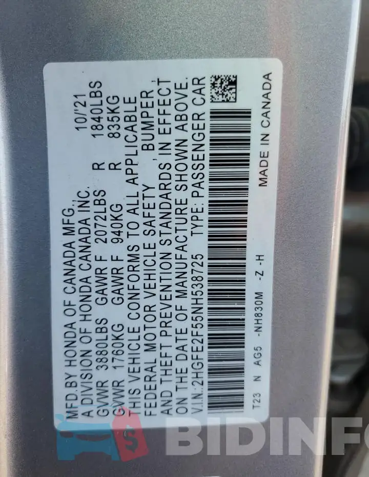 2HGFE2F55NH538725 Photo# 12