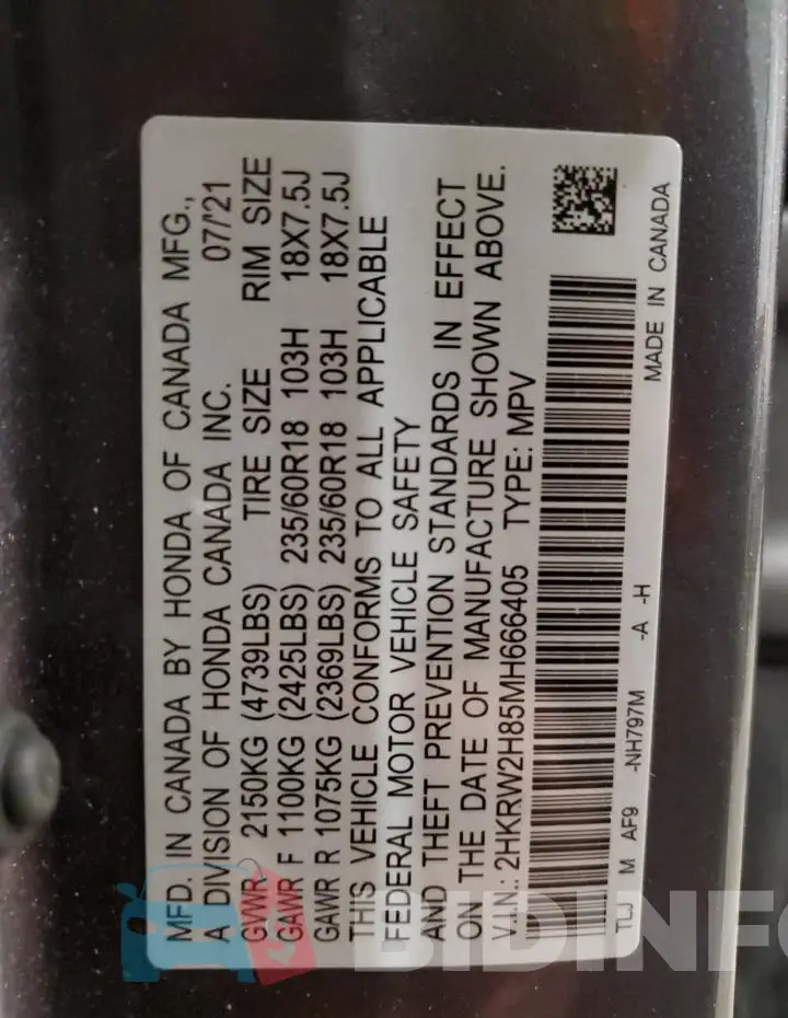 2HKRW2H85MH666405 Photo# 12