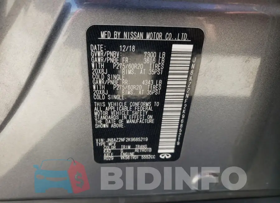 JN8AZ2NF2K9685219 Photo# 14