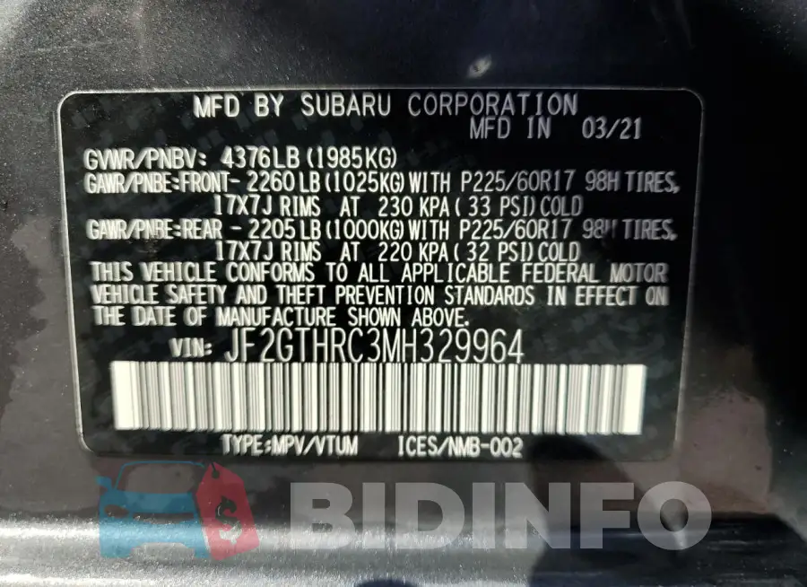 JF2GTHRC3MH329964 Photo# 14