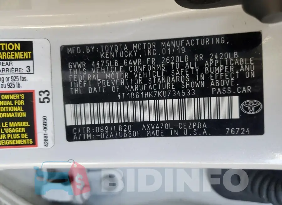 4T1B61HK7KU734533 Photo# 12