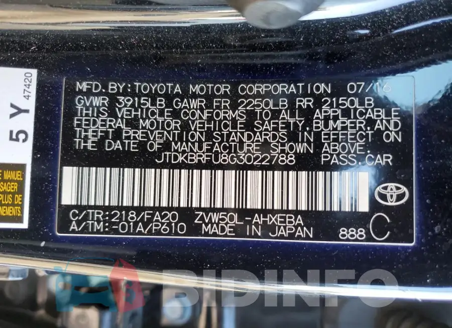 JTDKBRFU8G3022788 Photo# 13