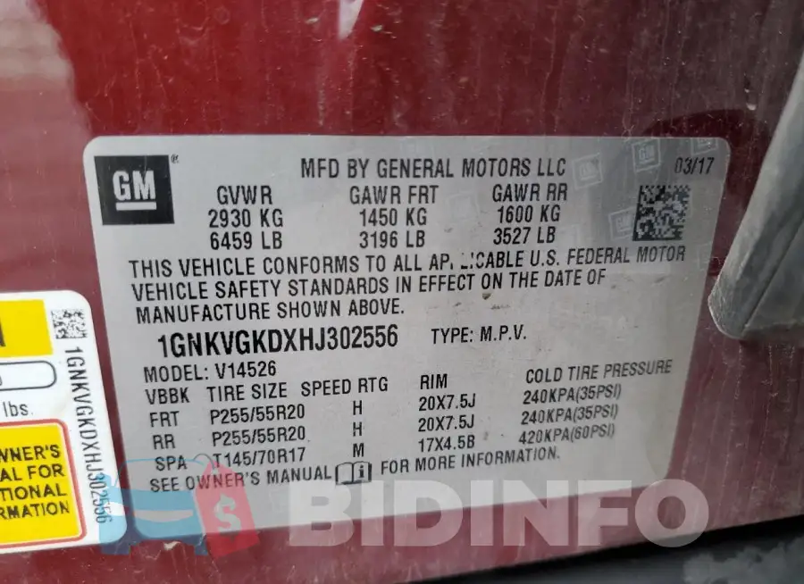 1GNKVGKDXHJ302556 Photo# 13