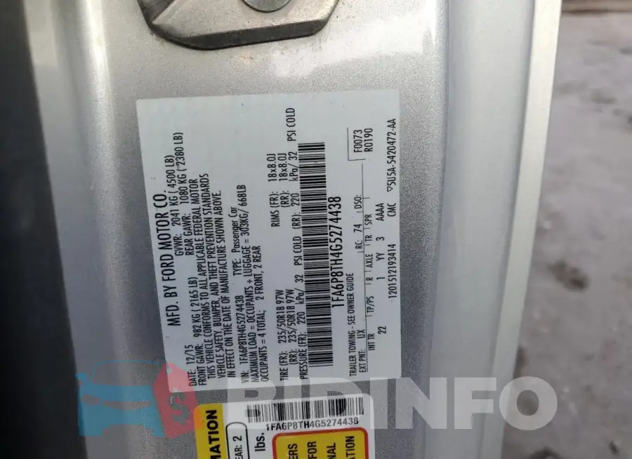 1FA6P8TH4G5274438 Photo# 12