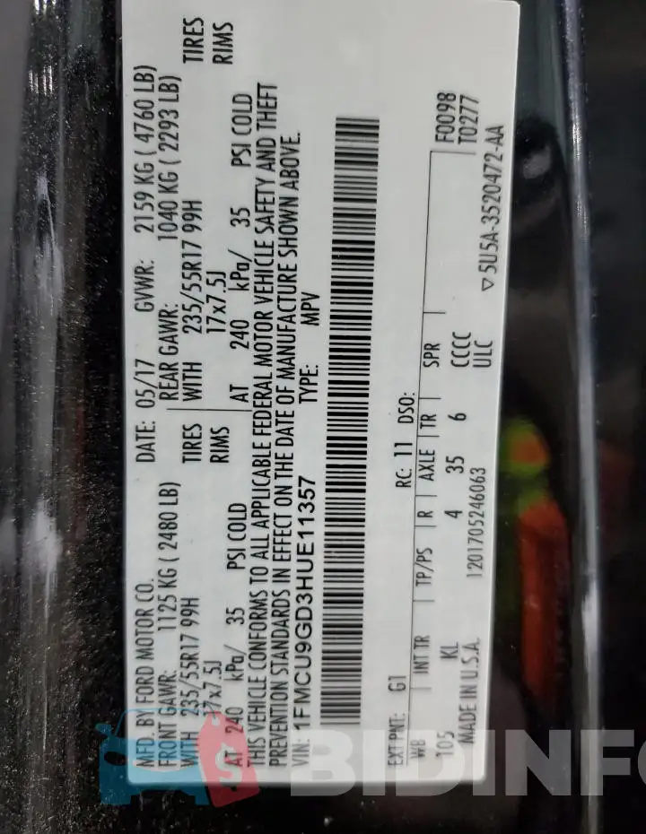 1FMCU9GD3HUE11357 Photo# 13