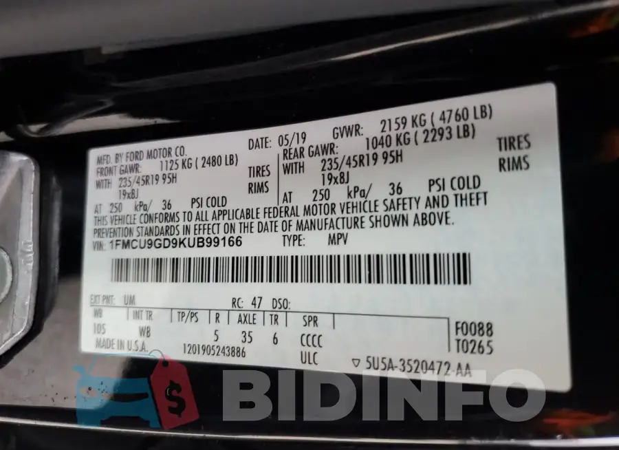 1FMCU9GD9KUB99166 Photo# 14