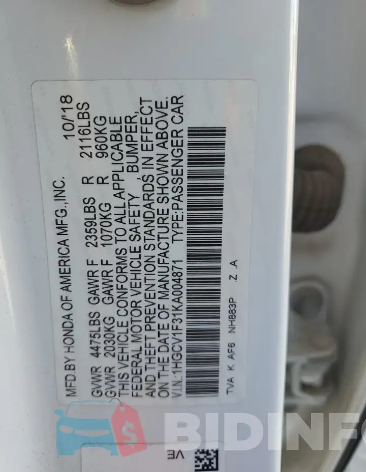 1HGCV1F31KA004871 Photo# 12