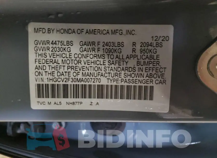1HGCV2F30MA007270 Photo# 12