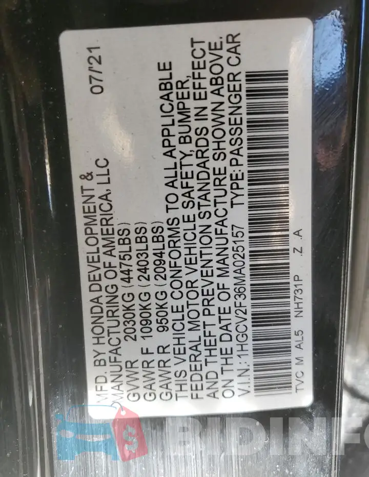 1HGCV2F36MA025157 Photo# 12