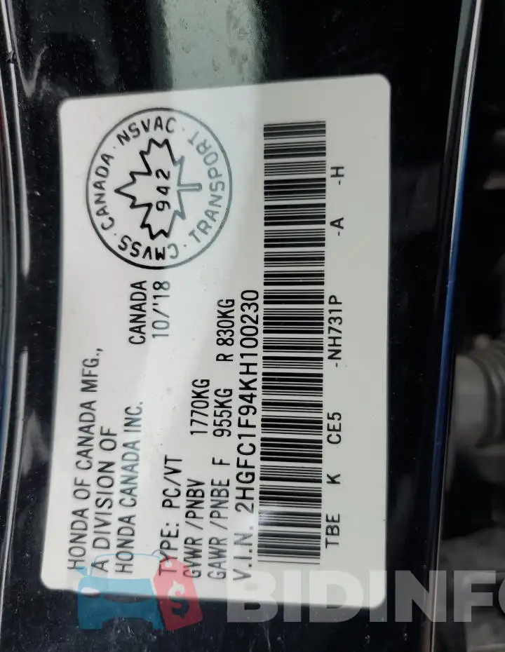 2HGFC1F94KH100230 Photo# 13