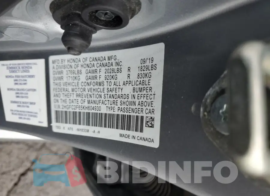 2HGFC2F65KH604930 Photo# 12