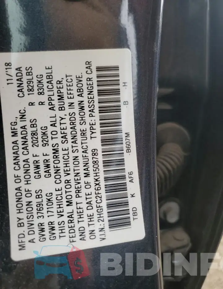 2HGFC2F6XKH508789 Photo# 12