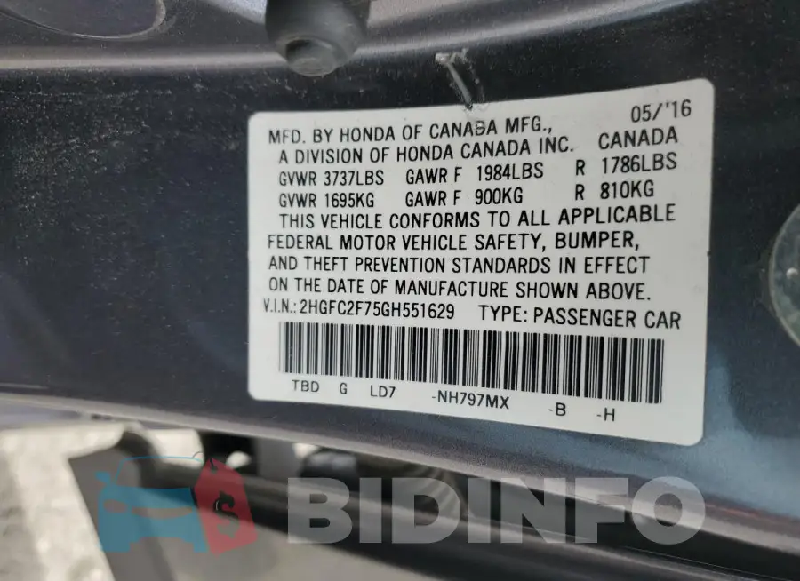 2HGFC2F75GH551629 Photo# 12