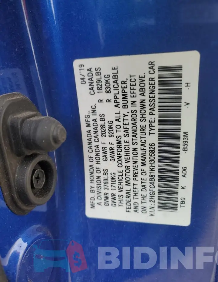 2HGFC4B81KH305826 Photo# 12