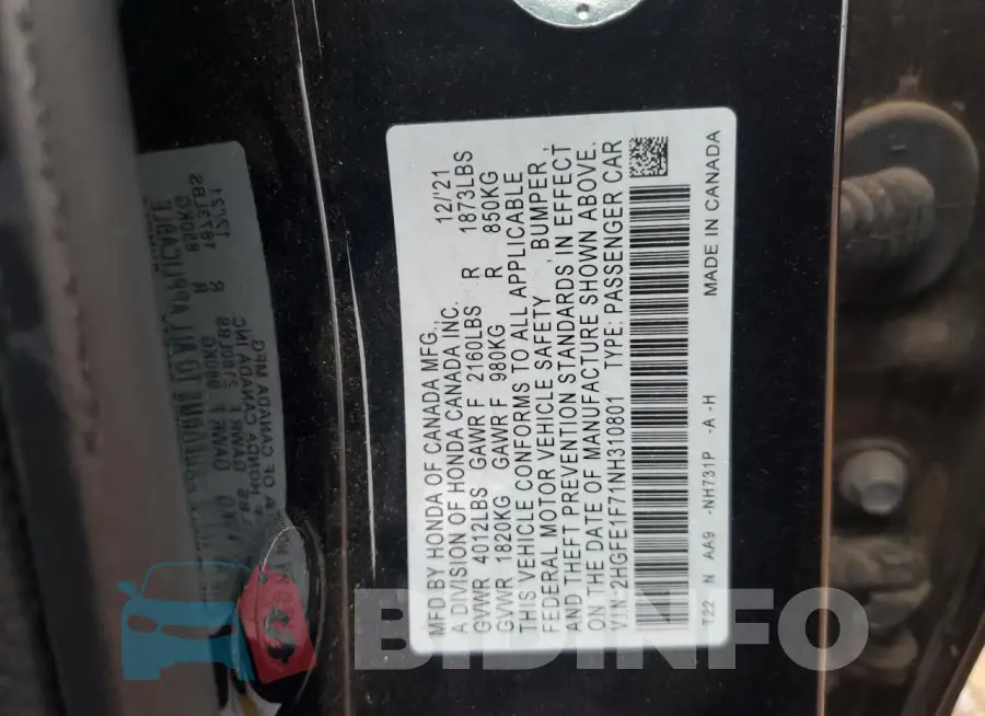 2HGFE1F71NH310801 Photo# 13