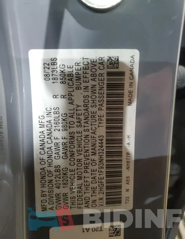 2HGFE1F93NH324443 Photo# 12