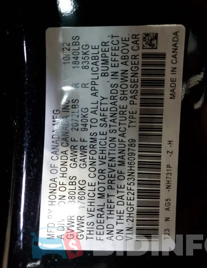 2HGFE2F53NH609789 Photo# 13
