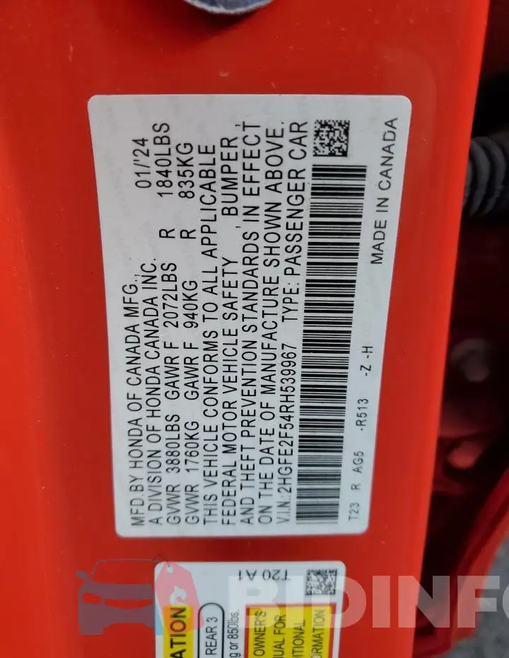 2HGFE2F54RH539967 Photo# 12