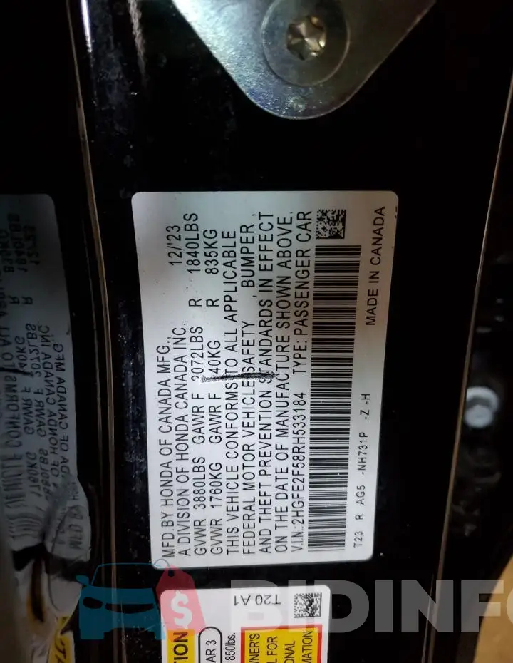 2HGFE2F58RH533184 Photo# 12