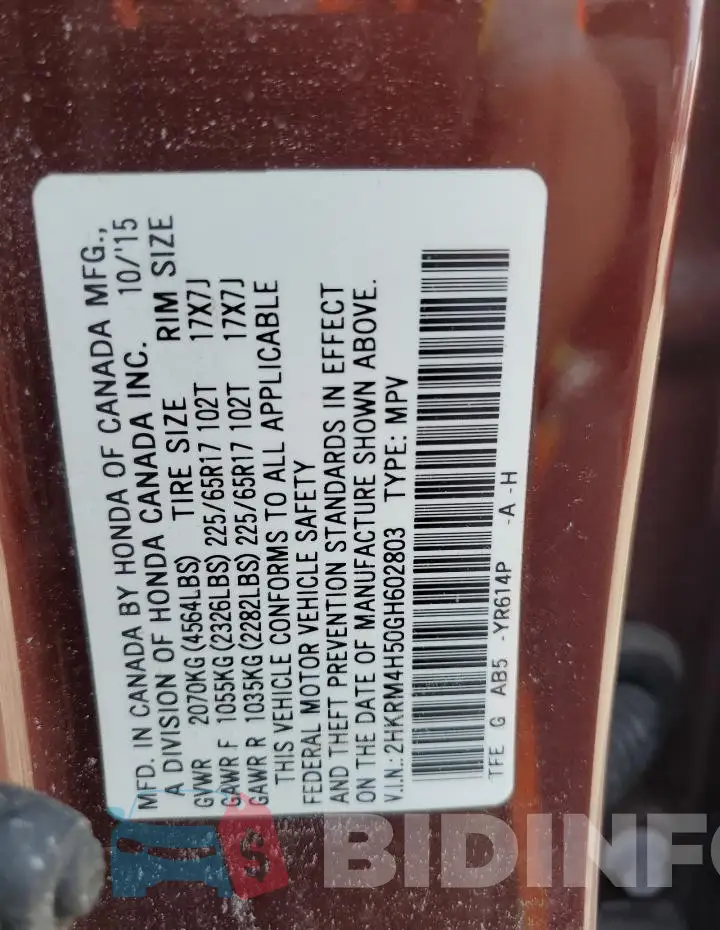 2HKRM4H50GH602803 Photo# 13