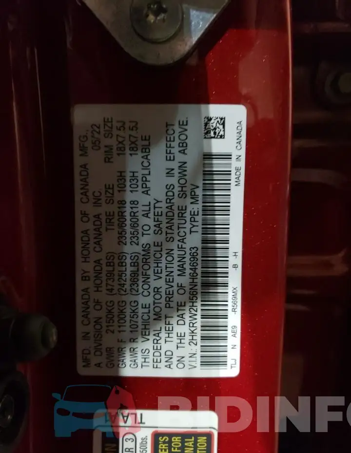 2HKRW2H56NH646963 Photo# 13