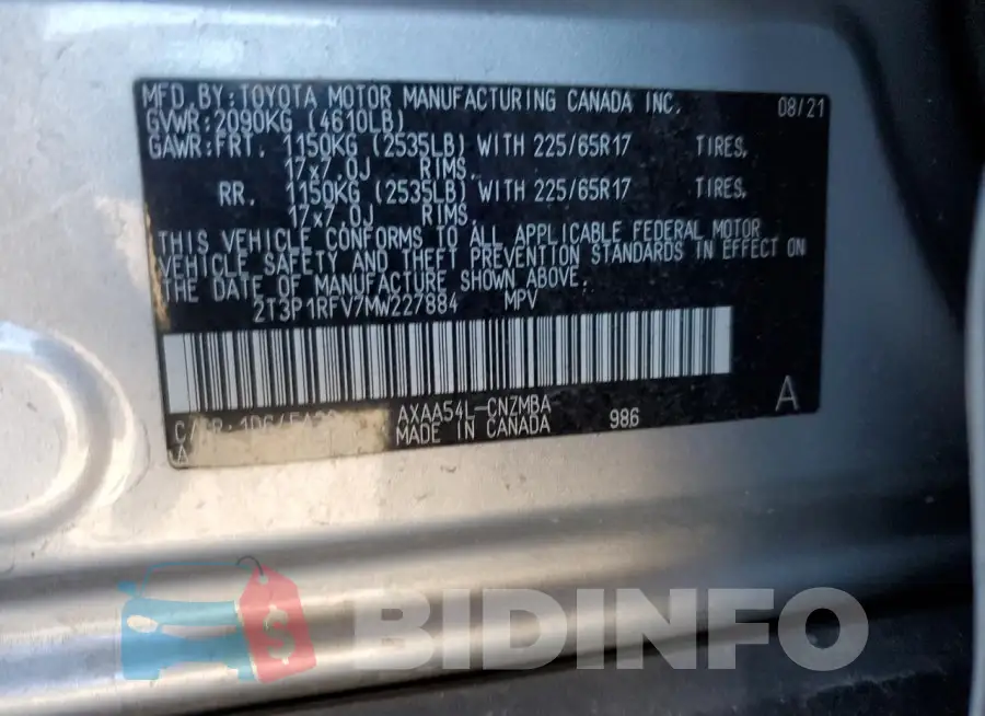 2T3P1RFV7MW227884 Photo# 13