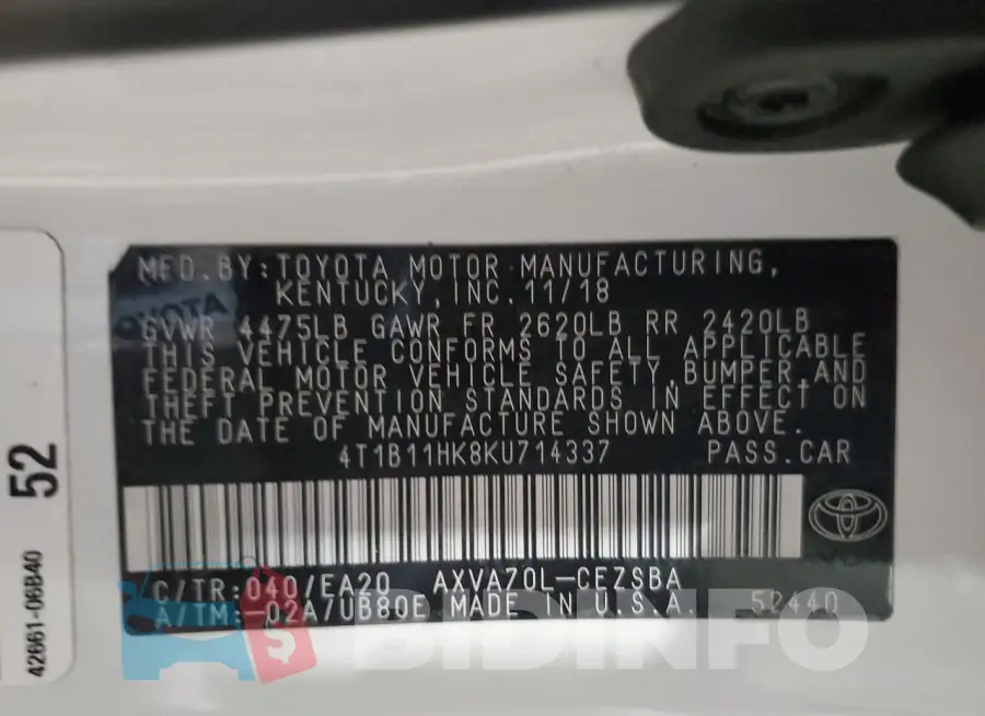 4T1B11HK8KU714337 Photo# 12