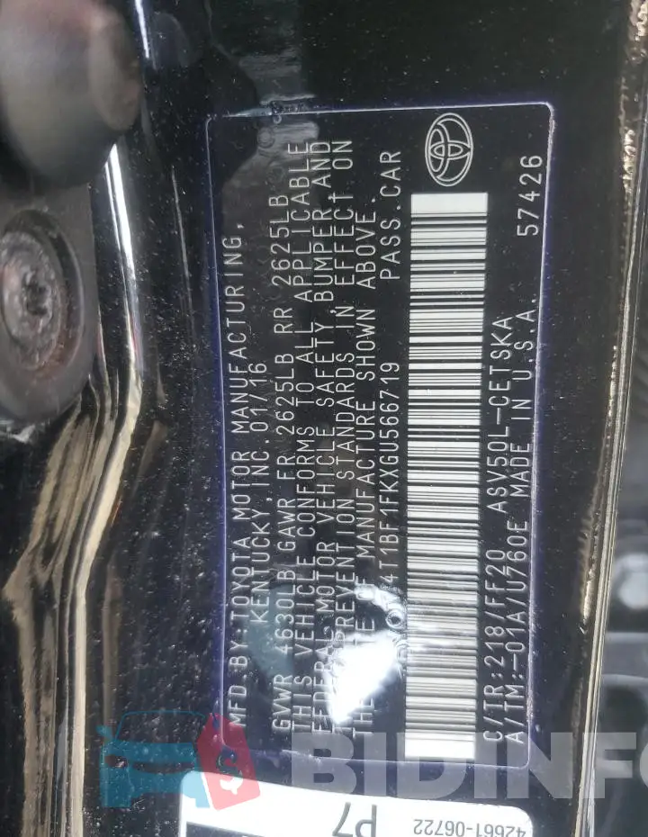 4T1BF1FKXGU566719 Photo# 12