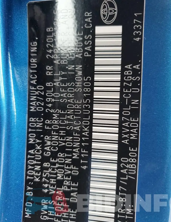 4T1F11AK0LU351805 Photo# 12