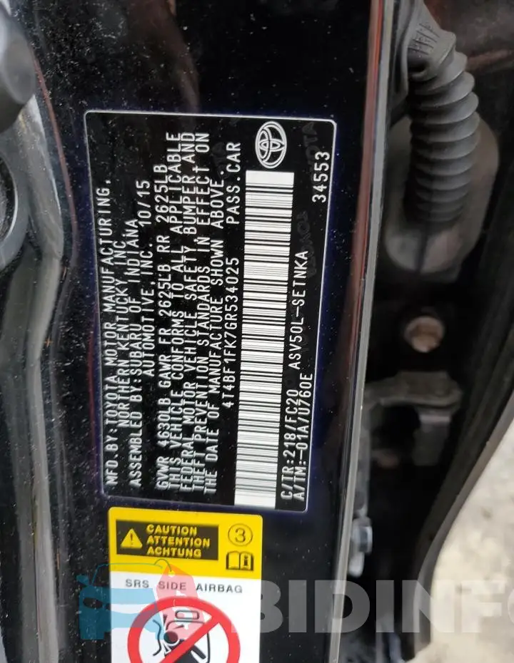 4T4BF1FK7GR534025 Photo# 12