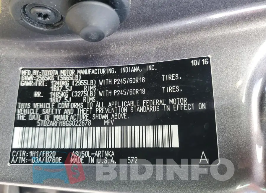 5TDZARFH8GS022678 Photo# 13