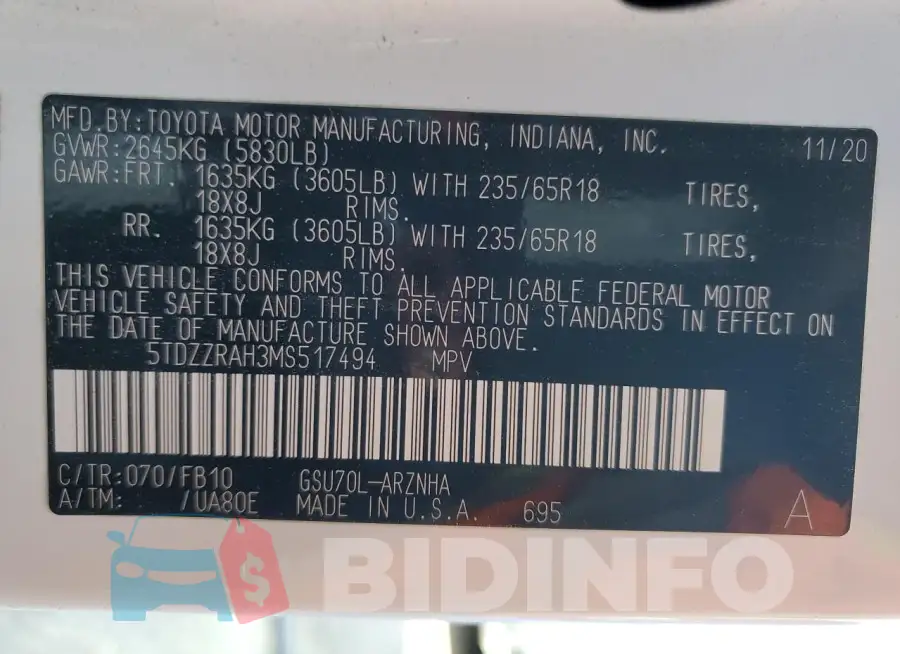 5TDZZRAH3MS517494 Photo# 13