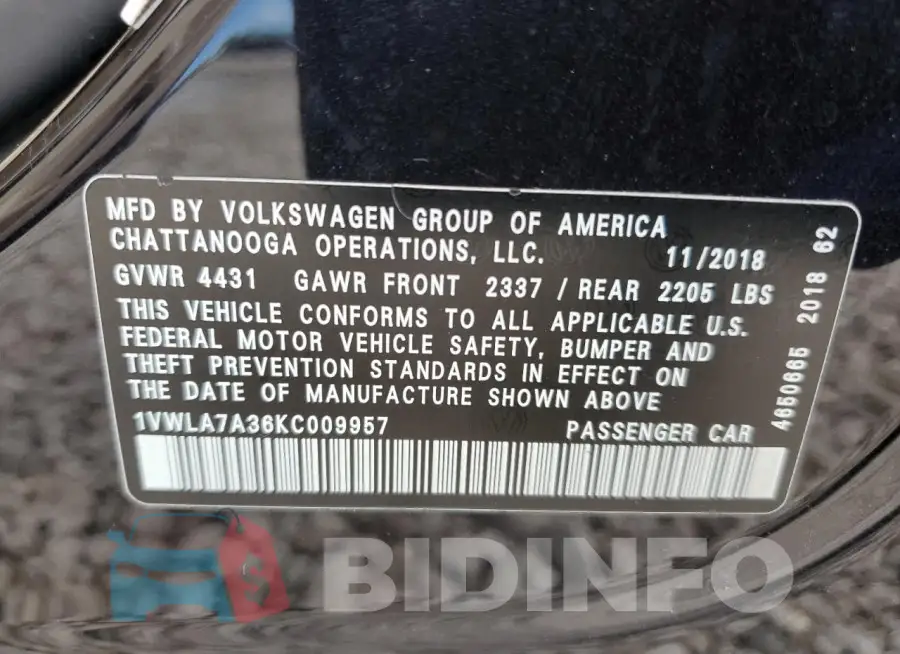 1VWLA7A36KC009957 Photo# 12