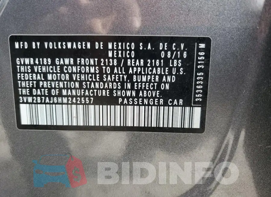 3VW2B7AJ6HM242557 Photo# 13