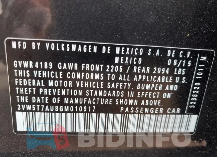 3VW5T7AU8GM010917 Photo# 13
