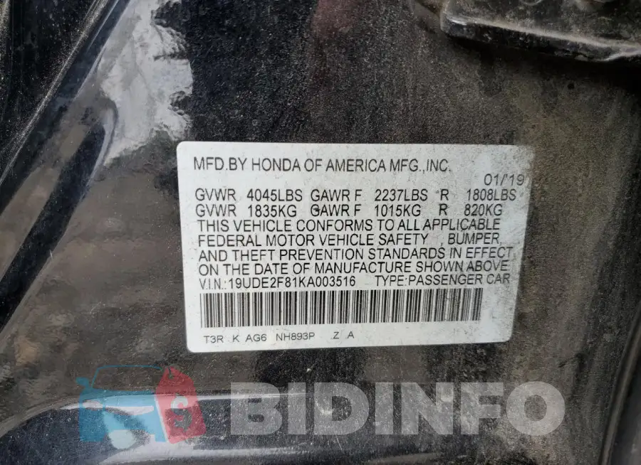 19UDE2F81KA003516 Photo# 12