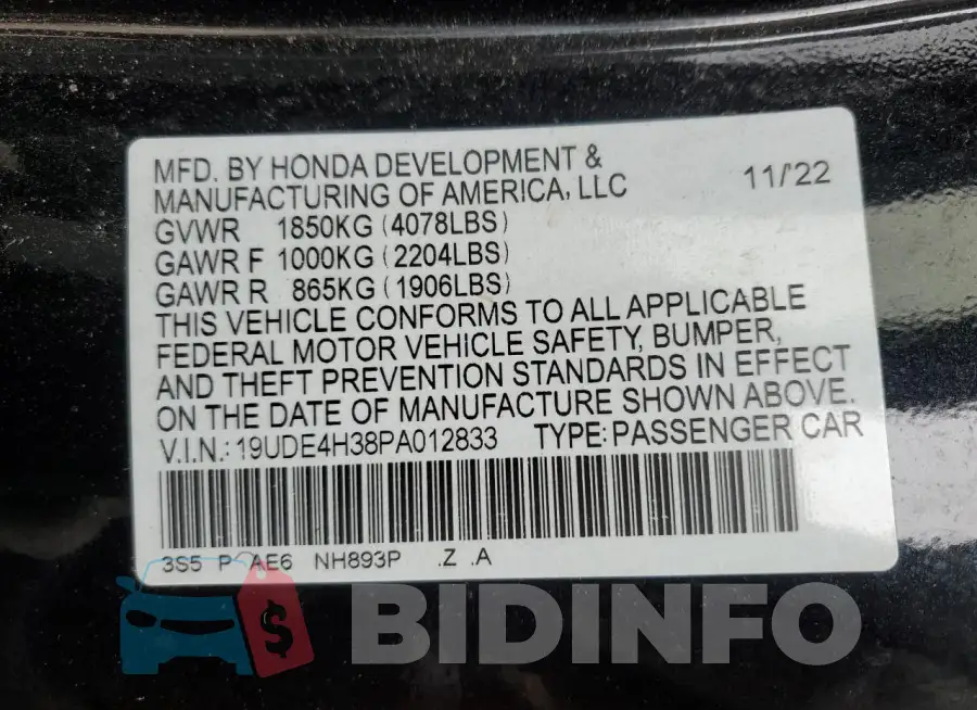 19UDE4H38PA012833 Photo# 12