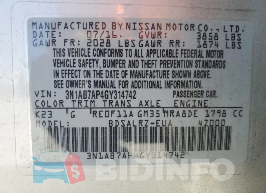 3N1AB7AP4GY314742 Photo# 12