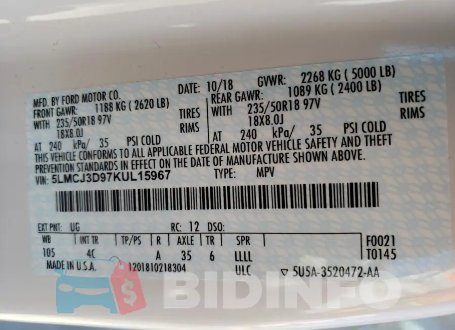 5LMCJ3D97KUL15967 Photo# 14