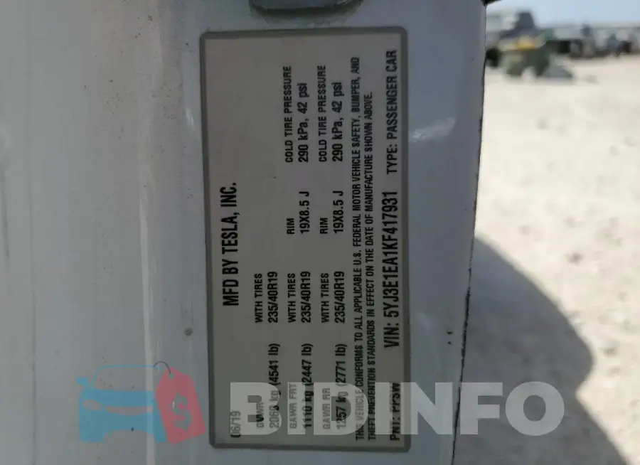 5YJ3E1EA1KF417931 Photo# 13