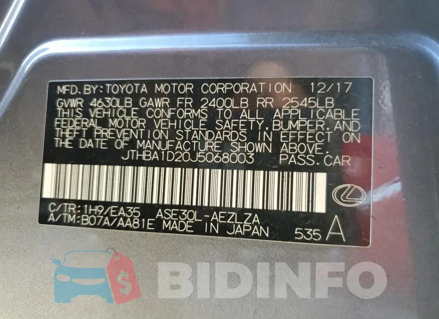 JTHBA1D20J5068003 Photo# 12