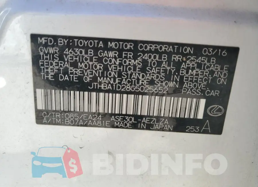 JTHBA1D28G5025652 Photo# 12