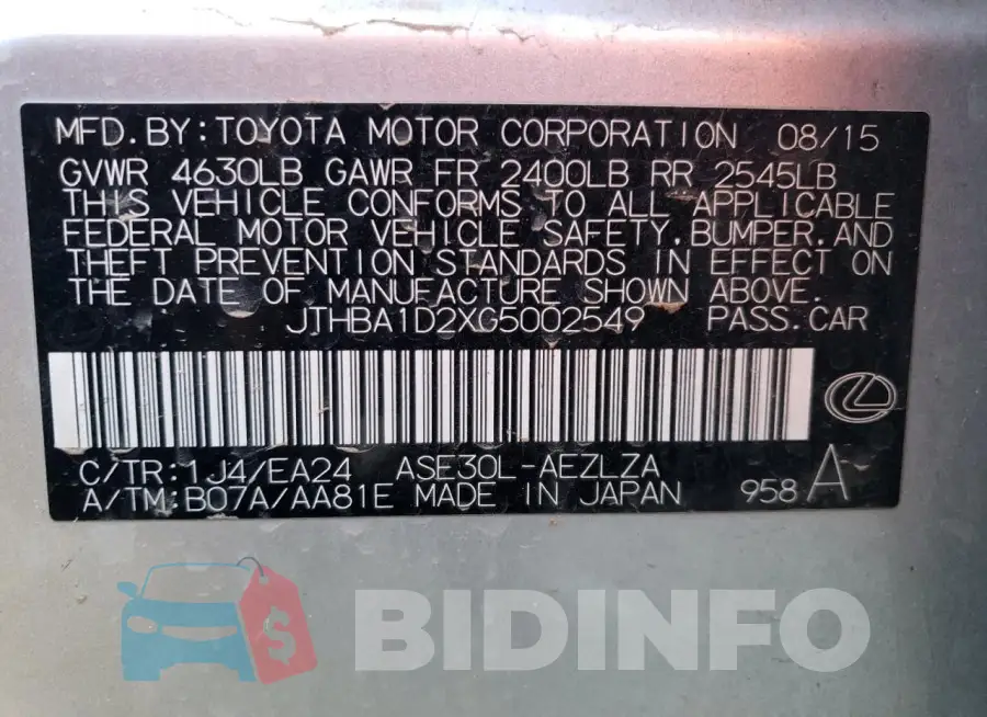 JTHBA1D2XG5002549 Photo# 13