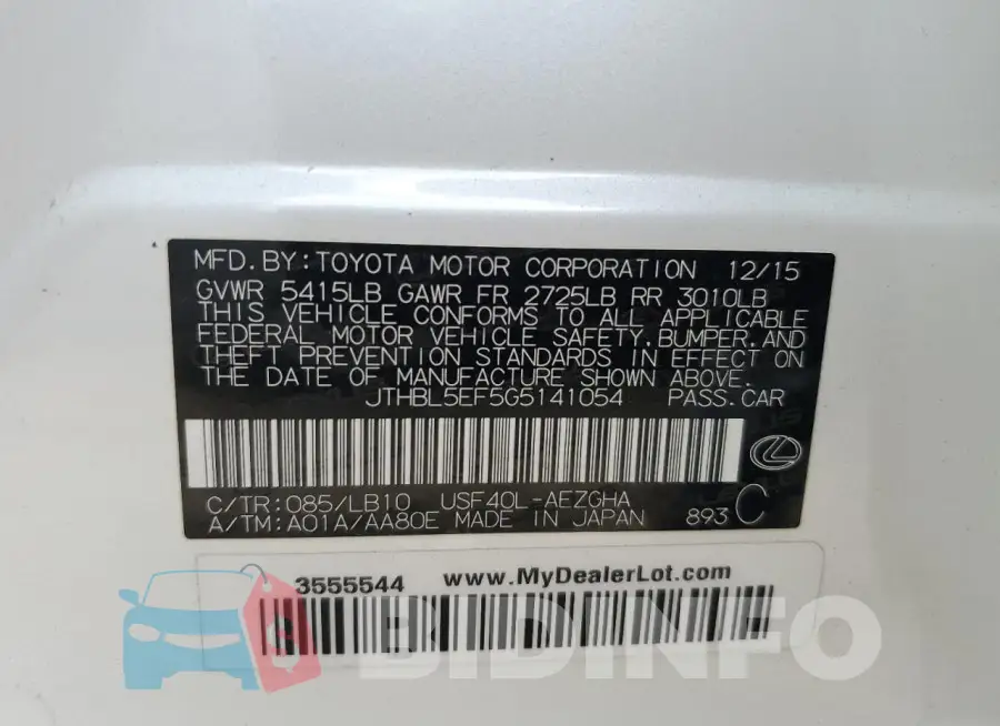 JTHBL5EF5G5141054 Photo# 13